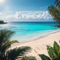 Beautiful, relaxing outdoor landscape of tropical island beach. Palm trees over blue azure ocean lagoon. Royalty Free Stock Photo