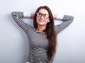 Beautiful relaxing woman in glasses looking up with thinking loo Royalty Free Stock Photo