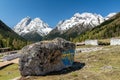 The beautiful religion stone and snow mountains  in Four Girls Mountain scenic spot in Aba prefecture of Sichuan province, China. Royalty Free Stock Photo