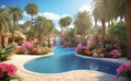 A beautiful resort with a pool and tropical plants in dessert Royalty Free Stock Photo