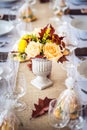 Beautiful restaurant interior table decoration for wedding or event. Flower Wedding Table Decoration/ Autumn colors. Royalty Free Stock Photo