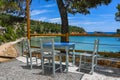 Beautiful restaurant view towards Chrisi Milia beach in Alonissos island, Greece Royalty Free Stock Photo