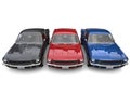 Beautiful restored vintage American muscle cars - blue, red and black - top down front view