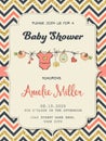 Beautiful retro baby shower card template with golden glittering