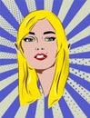 Beautiful retro blonde girl with speech bubble. Blue dot and stripes background. Pop art illustration. Royalty Free Stock Photo