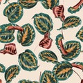 Beautiful retro botanical leaves seamless pattern with colorful tropical leaves and plants on light beige background. Vector