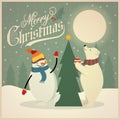 Beautiful retro Christmas card with polar bear, snowman and Christmas tree Royalty Free Stock Photo