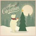 Beautiful retro Christmas card with polar bear and Christmas tree Royalty Free Stock Photo