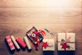 Beautiful retro christmas gift wrapping, xmas concept, DIY desk view from above