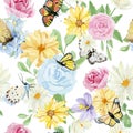 Beautiful retro pastel flowers seamless pattern. Hand painted floral design background with rose, crocus, wildflower Royalty Free Stock Photo