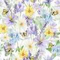 Beautiful retro pastel flowers seamless pattern. Hand painted floral design background with rose, crocus, wildflower Royalty Free Stock Photo