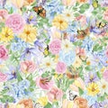 Beautiful retro pastel flowers seamless pattern. Hand painted floral design background with rose, crocus Royalty Free Stock Photo