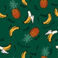 Beautiful retro Pineapple and banana hand drawn sketch ,greeting Aloha fresh ,summer time ,seamless pattern for fashion and all