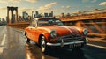 Beautiful retro red car driving along the highway in a big city, car sales concept Royalty Free Stock Photo