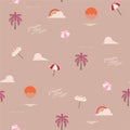 Beautiful retro seamless summer pattern with beach icon elements such as palm trees , sky, rainbow ,sun ,umbrella, sea and wording Royalty Free Stock Photo