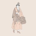 Beautiful retro style woman. Vector nude illustration. Vintage girl in winter clothes with fur clutch