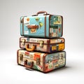 Retro suitcases covered with travel labels time synthesis stick figur Generative AI