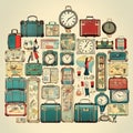 Retro suitcases covered with travel labels time synthesis stick figur Generative AI