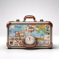 Retro suitcases covered with travel labels time synthesis stick figur Generative AI