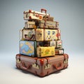 Retro suitcases covered with travel labels time synthesis stick figur Generative AI