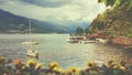 Beautiful retro toned cityscape, Como lake coastline