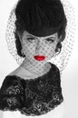 Beautiful retro woman portrait in elegant hat with red lips, beauty makeup. Black and white photo. Royalty Free Stock Photo