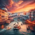 Beautiful Rialto Bridge in grand canal, Venice, Italy, with sunset colors, boats, travel destination Royalty Free Stock Photo