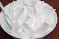 A Beautiful Rich and Creamy, White Whipped Meringue Cream in a large Mixing Plate Ready to Decorate A cake or Pie. Preparing Lemon