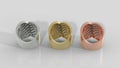 Beautiful ring with three various colored stone. 3d visualization of various colored ring on white background. Gold ring rotating