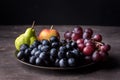 Beautiful Ripe Fruits on Plate Apple Pears and Grapes Dark Photo Dark Background Autumn Seasonal Fruits