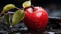 Beautiful ripe red apple with leaves and water drops - Generative AI
