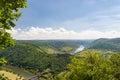 Beautiful, ripening vineyards in the spring season in western Germany, the Moselle river flowing between the hills. Visible railwa Royalty Free Stock Photo