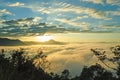 Beautiful rising sun in the early morning over sea of fog on hill of Phu Tok.