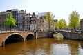 Beautiful river with 2 bridges in Amsterdam