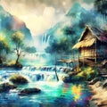 A beautiful river with crystal clear water, little waterfalls, old hut, rocks, tree, sky and clouds, nature, painting Royalty Free Stock Photo