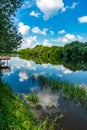 Beautiful river flow. Panoramic view of valley of river. Peaceful summer landscape with green hills, beautiful woods Royalty Free Stock Photo