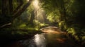 Beautiful river in the forest with sun rays and lens flare.