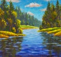 Beautiful river landscape acrylic painting. Russian forest summer landscape