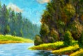 Beautiful river landscape acrylic painting. Russian forest summer landscape in watercolor, oil. Green forest Royalty Free Stock Photo