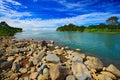 Beautiful river landscape from Costa Rica. River Rio Baru in the tropic forest. Stones in the river. Trees above the river. Summer