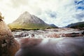 Beautiful river mountain landscape scenery in Glen Coe, Scottish Highlands, Scotland. Sunshine Royalty Free Stock Photo