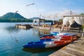 Beautiful river pier restaurant camping mountain view kayak Royalty Free Stock Photo