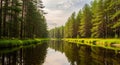 Calm River Reflection in Untouched Pine Forest Landscape Royalty Free Stock Photo
