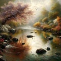 A beautiful river with small rocks on it, reflection water, wild flowers, blossoms tree, realistic painting, nature view Royalty Free Stock Photo
