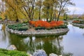 Beautiful river and yellow red trees in leaf fall. Rural landscape. Tourism and recreation in countryside, autumn Dnipro, Ukraine Royalty Free Stock Photo