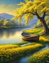 A beautiful river with yellow spring tree, grass and flower in a spring season with mountain and boat, wallart, wallpaper, 8k Royalty Free Stock Photo