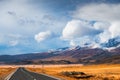 Beautiful road in autumn mountains. Chuysky tract in Altai, Siberia, Russia