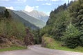 Beautiful mountain road landscape blue sky summer travel empty highway nature asphalt green forest rural way trees scenery swiss Royalty Free Stock Photo