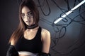 Beautiful robot girl in wires in style cyberpunk Royalty Free Stock Photo
