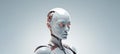 Beautiful robot portrait on light banner background. Artificial intelligence concept. AI Generated